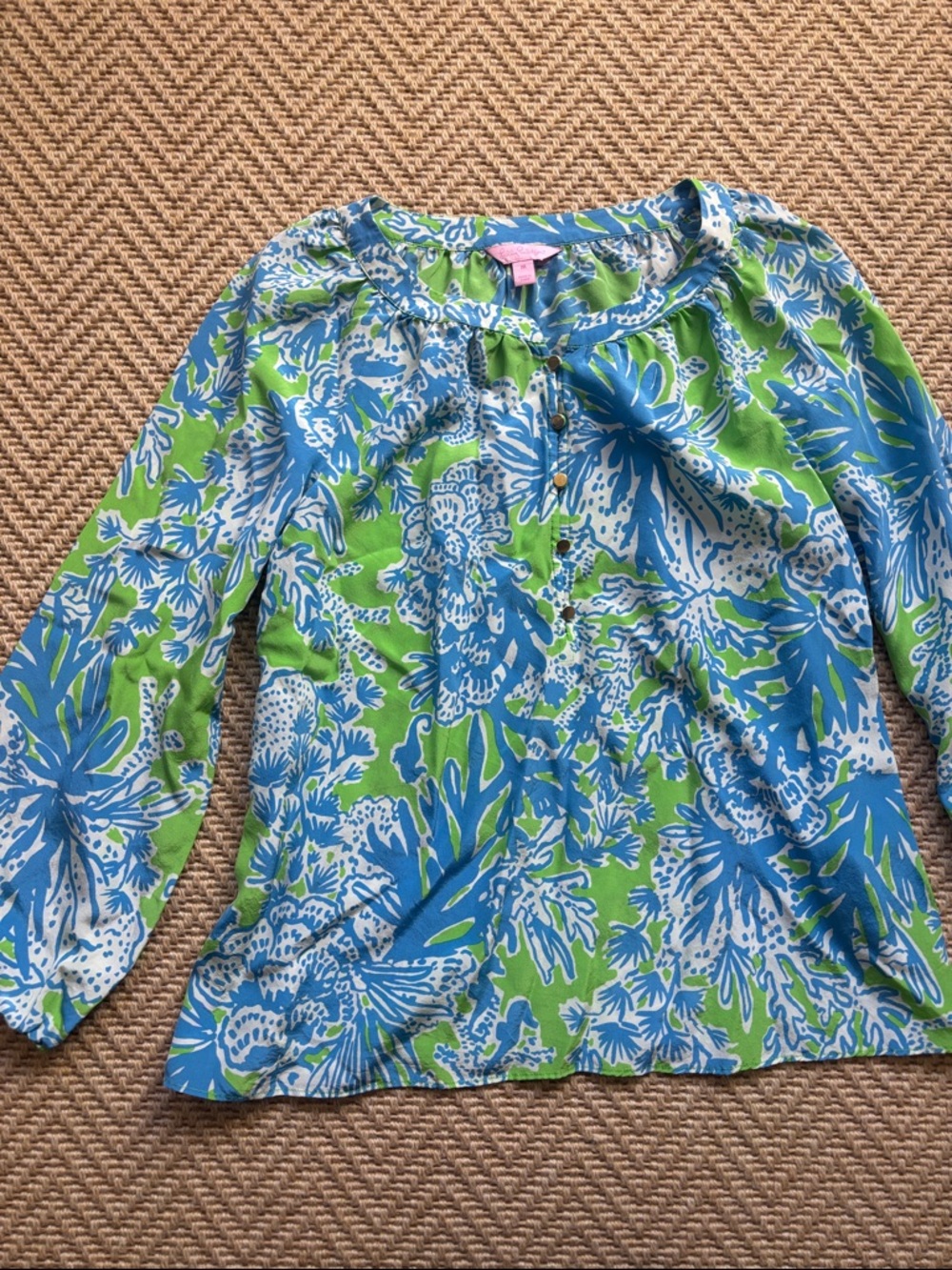 Lilly Pulitzer Blue & Lime Green Floral Blouse- “Limeade Biggest Fan” print